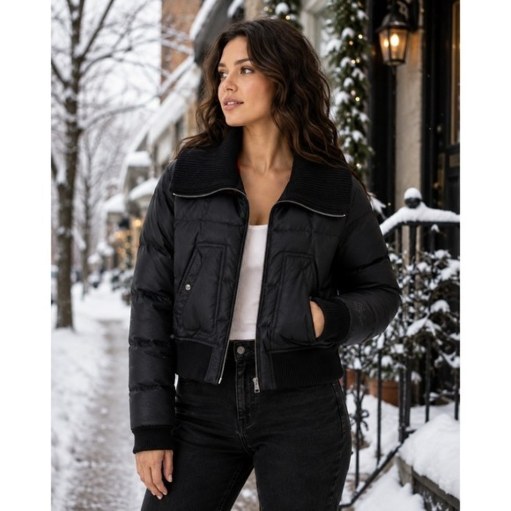 Calvin Klein Jeans Womens M Black Down Puffer Jacket Cropped Y2K Rib Collar